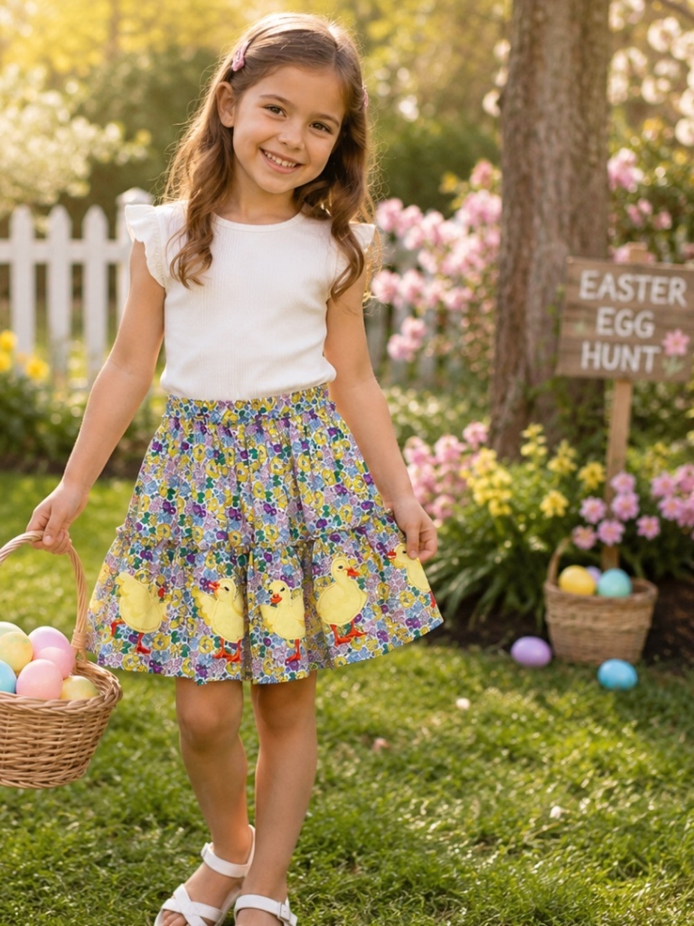 Mini Boden 3D Appliqué Tiered Skirt with Floral and Ducklings 🐥
